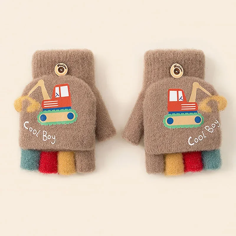 Kids Boys Girls Cartoon Excavator Half Finger Flip Cover Winter Thick Warm Gloves Toddler Outdoor Knitted Cold-Proof Mittens