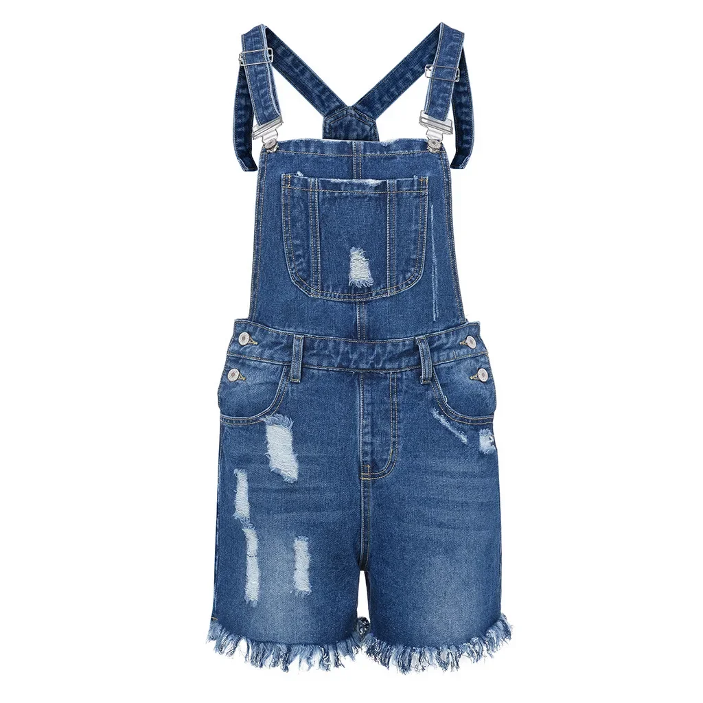 Baju kodok Denim lubang robek seksi wanita 2024 Jumpsuit musim panas wanita One Piece Jeans Playsuit tali celana pendek Romper Streetwear