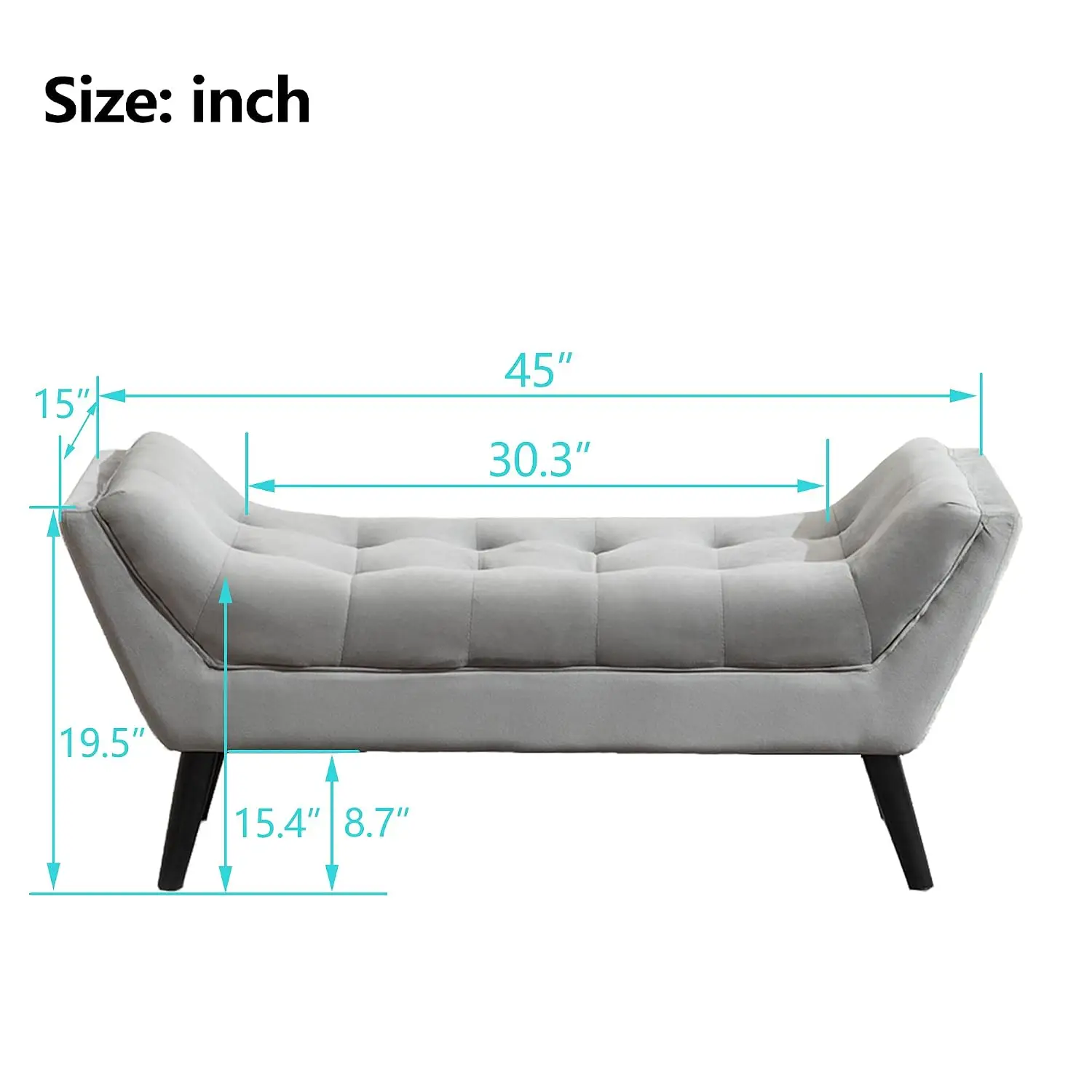 45in Upholstered Velvet Ottoman Bench with Wood Legs, Gray, Customized