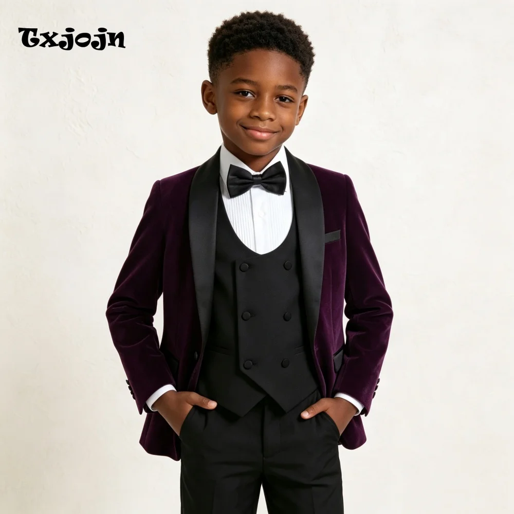 Formal Suit Set for Boys Wedding Tuxedo 3 Piece Classic Velvet Plum Jacket Pants Vest Kids Blazer Set Slim Fit Tailored Outfit
