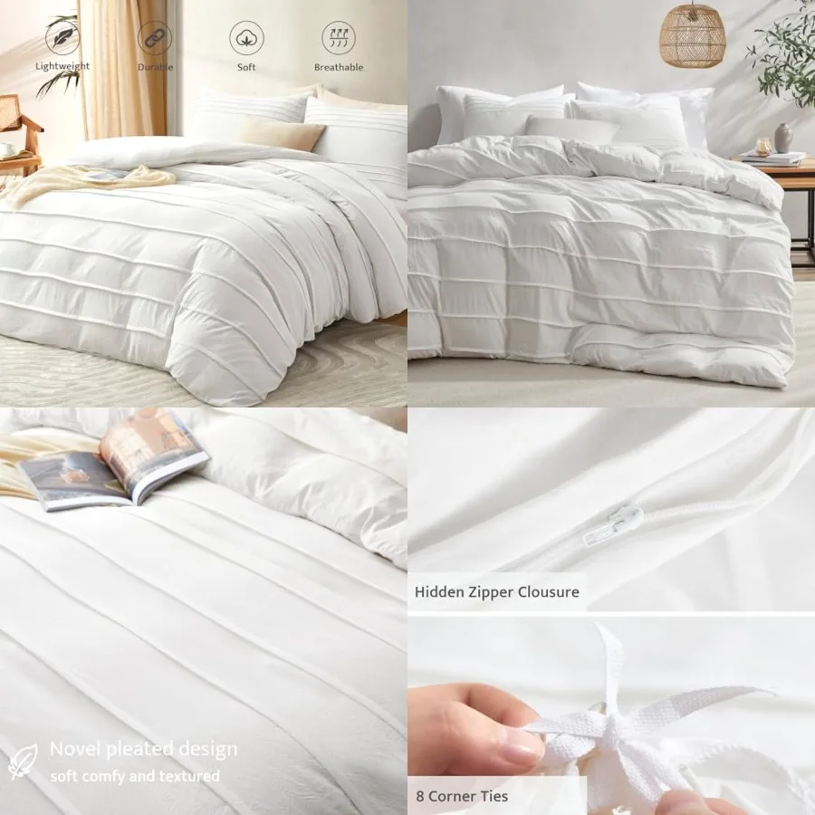 

White Duvet Cover Queen Size - Pleated Queen Duvet Cover, 3PCS Soft and Breathable Textured Bedding Set with Zipper Closure Whi