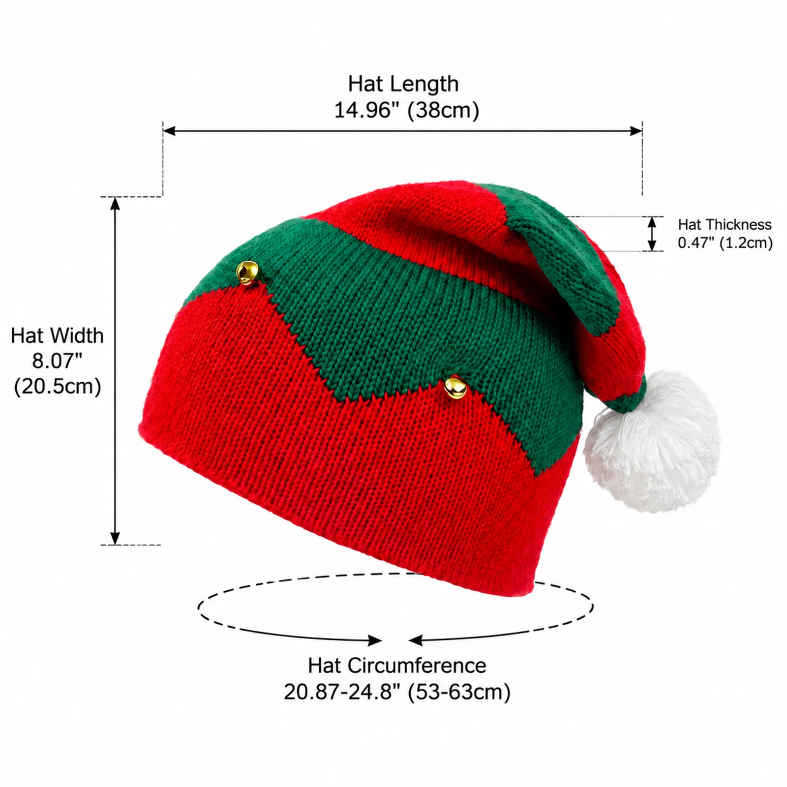 Christmas Elf Hat Knit Beanie Red Green Striped Winter Hat with Jingle Bells White Pom Pom Holiday Party Costume Accessories