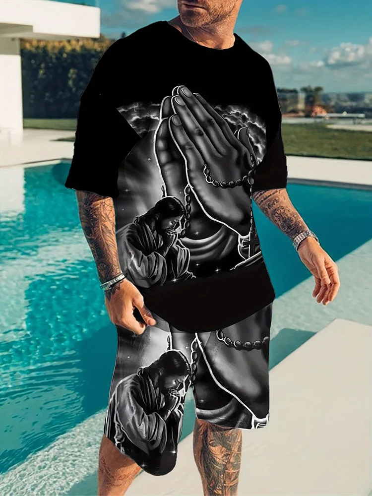 Conjunto de pantalones cortos de manga corta para hombre, Camiseta con estampado 3D de oración, conjunto informal de verano para exteriores