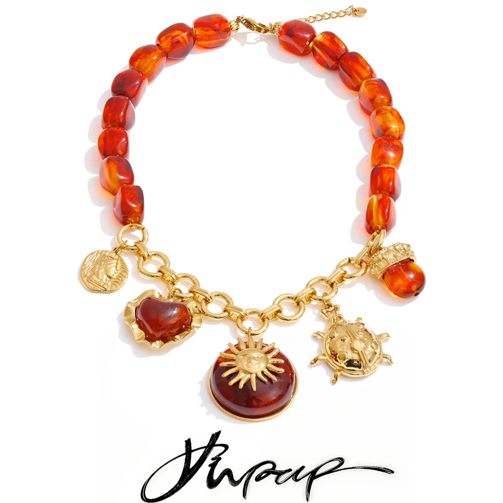 

Yhpup Amber Resin Beads Chain Sun Heart Drop Statement Handmade Necklace 18K Golden Plated Sweater Accessory Waterproof Jewelry