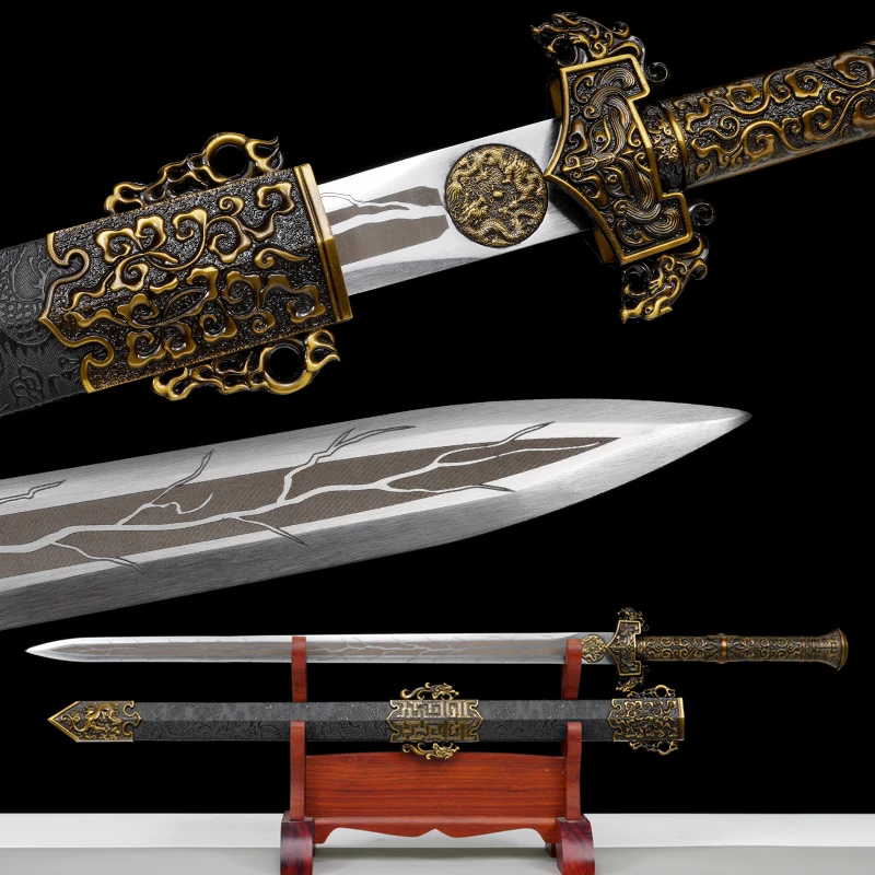 Chinese Han Jian Sword High Manganese Steel Blade Real Full Tang Sharp Handmade Ready Battle Samurai Swords Double Dragon Katana