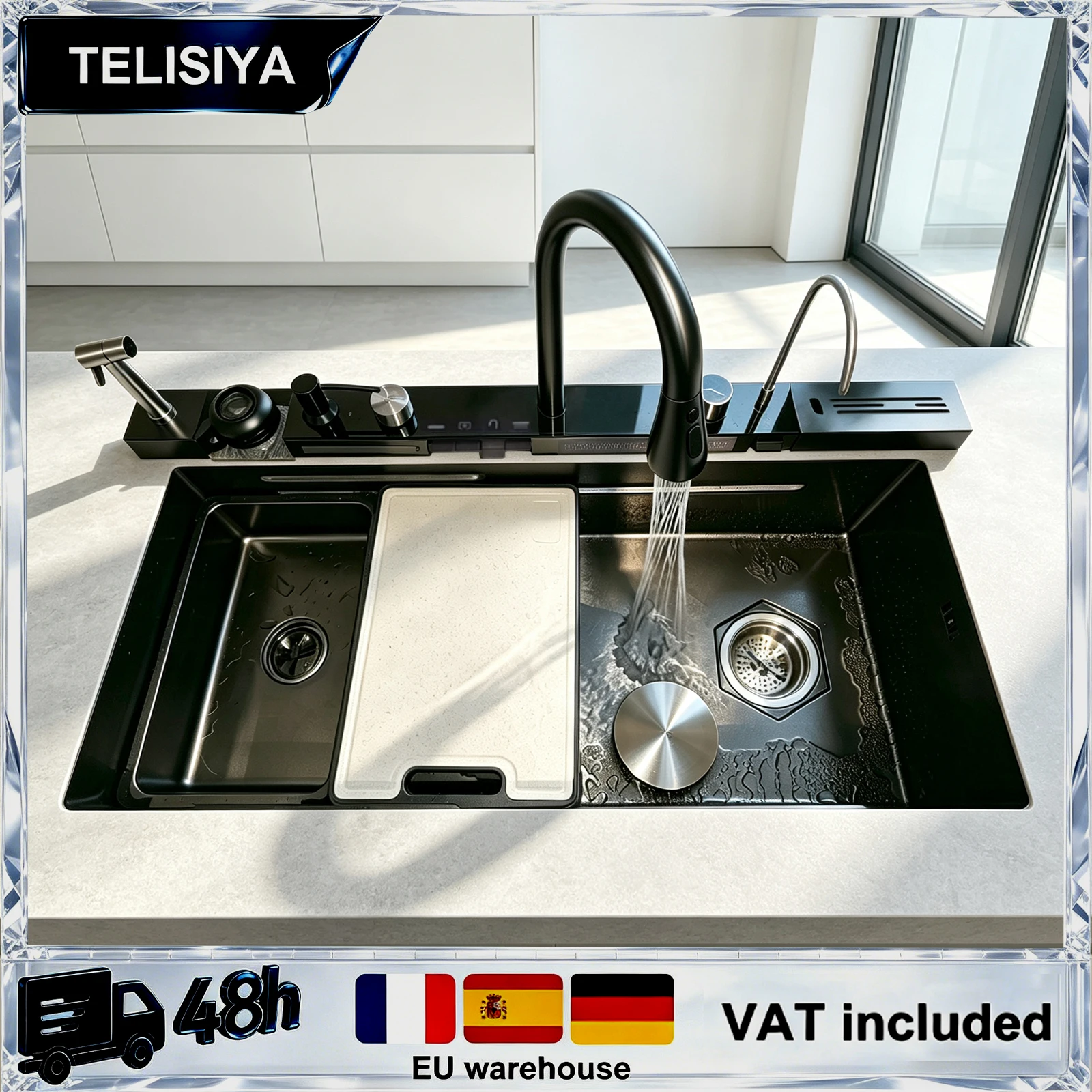 Lavelli Multifunzionali Vari Lavelli da Cucina a Cascata in Acciaio Inox con Grande Vasca Singola e Rubinetto Estraibile