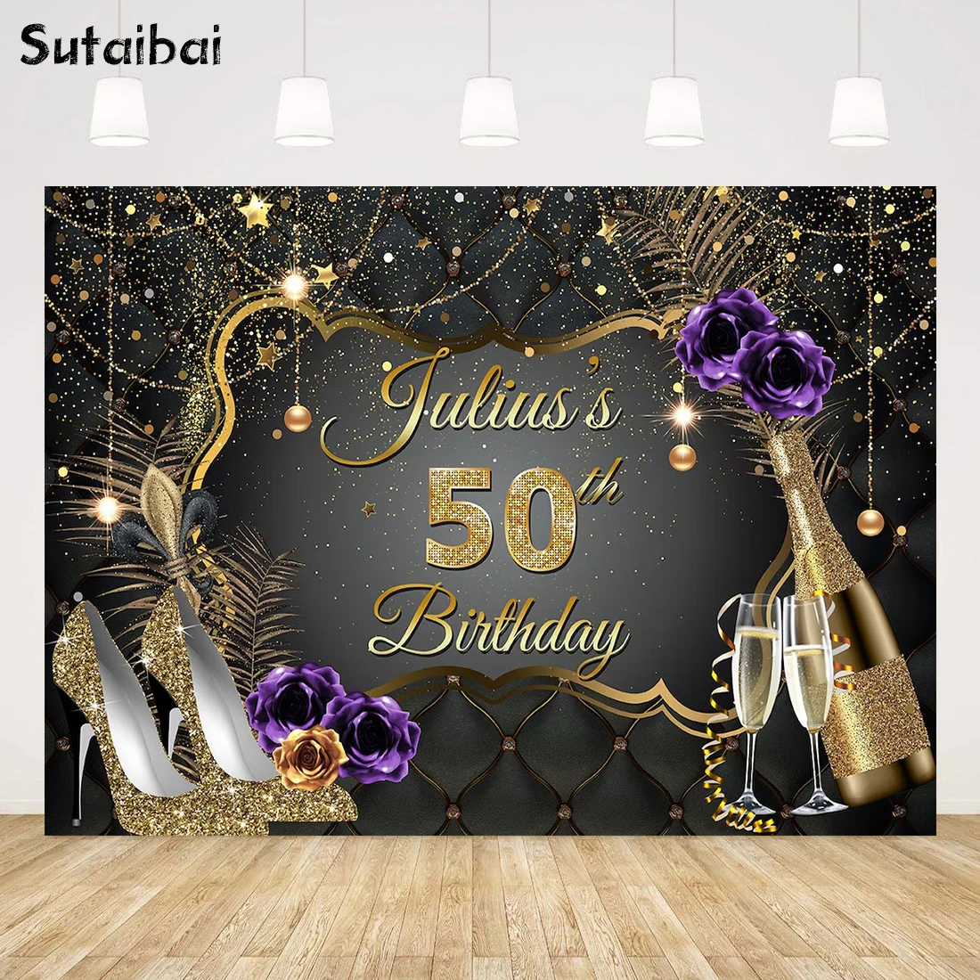 

Custom 50th Birthday Photo Backdrop High Heels Wine Glasses Champagne Photography Background Black Gold Purple Photo Back Drop