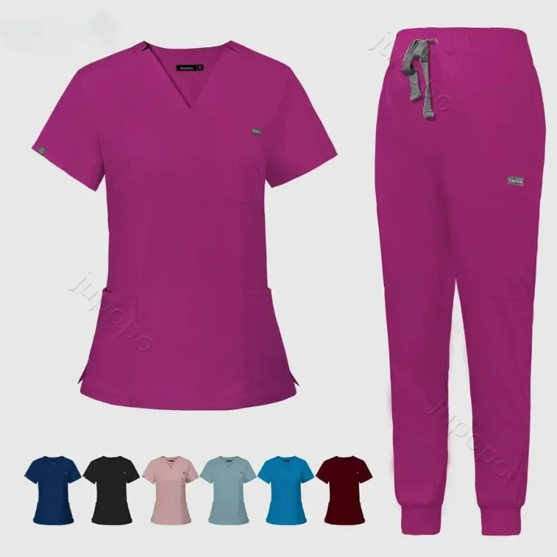 Tops de manga corta + Pantalones, uniforme para enfermería para mujer, tienda de mascotas, médico, ropa de trabajo para cirugía médica, conjunto exfoliante, uniforme exfoliante Multicolor