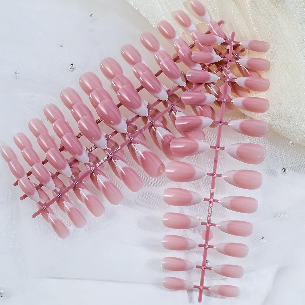 120pcs Pink Medium Almond French False Nails Gradient Design White French Press On Nails Full Cover Acrylic Gel Fake Nails Tips#