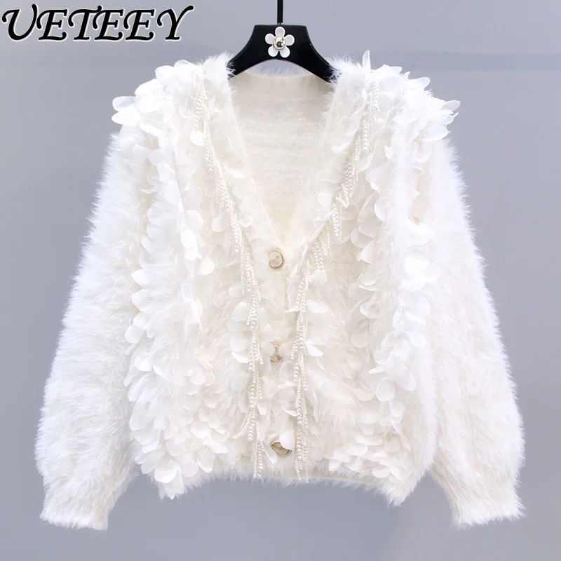 High Quality Temperament Youthful-Looking Sweet Imitation Mink Heavy Industry Beaded Sweater Women\'s New Short Cardigan Coat