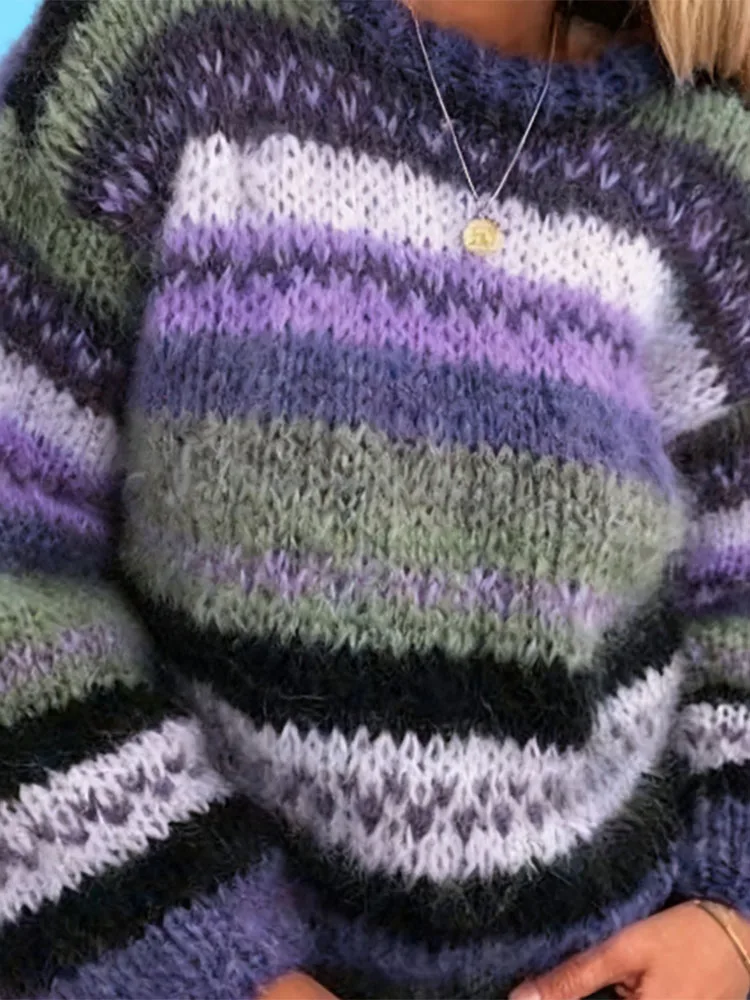 가을 스트라이프 프린트 오넥 스웨터 캐주얼 긴 소매 루즈 니트 풀오버 여성 레트로 편안한 출퇴근용 스웨터 탑