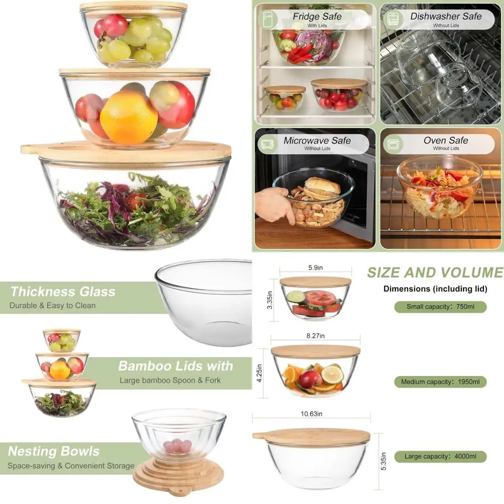 

Набор стеклянных салатниц с бамбуковыми крышками и приборами, 3 предмета, для подачи салатов, пасты, десертов и многого другого
