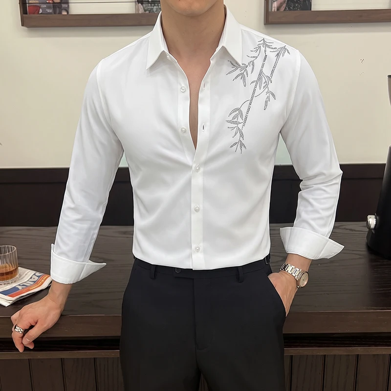 Luxury Bamboo Rhinestone Design Men's Shirts Autumn Long Sleeve Formal Men Dress Shirt Wedding Prom Business Trend Shitr Top Man