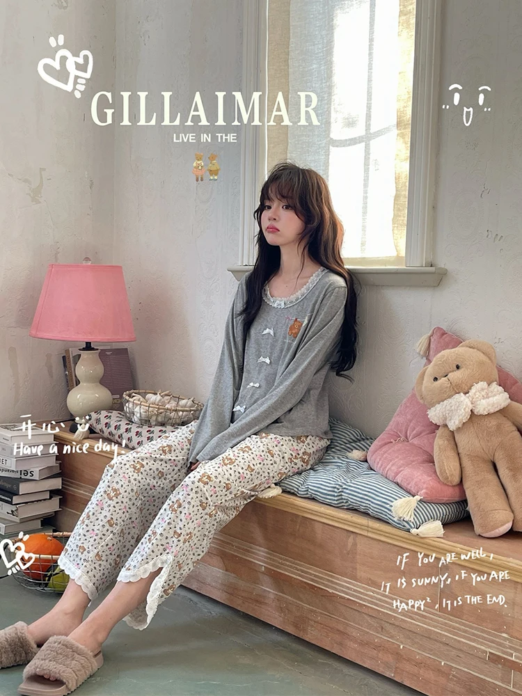Japanese Ins Cute Girl Round Neck Cartoon Lace Bow Long Sleeve Pajamas Loose Casual Loungewear Set Can Be Worn Outside