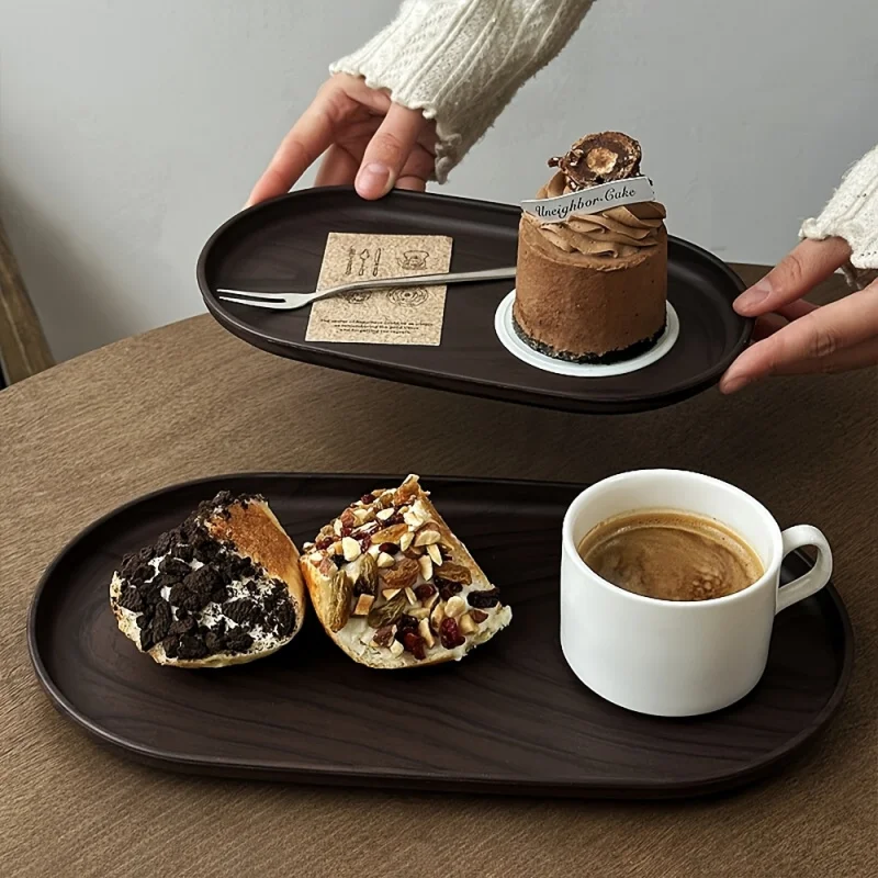Tray With Wood Grain Design, Black Walnut Wood Grain Color, Reusable, Breakfast, Fruit, Tea, Dessert, And Coffee Cup Holder