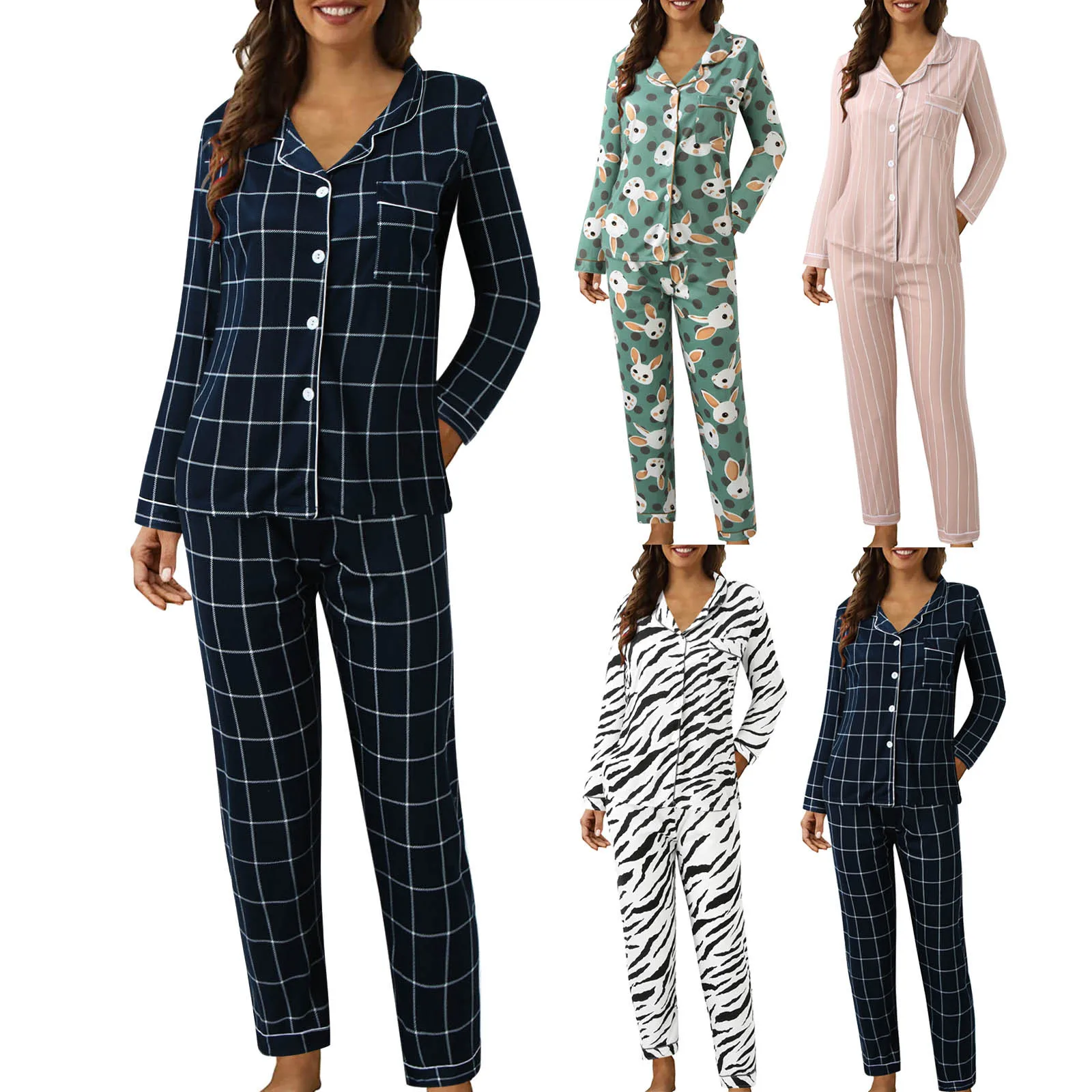 

Women Pajama Sets Plaid Sleepwear Long Sleeve Pants Autumn Korean Suit 2 Piece Night Wears Pocket Button Homewear Clothes