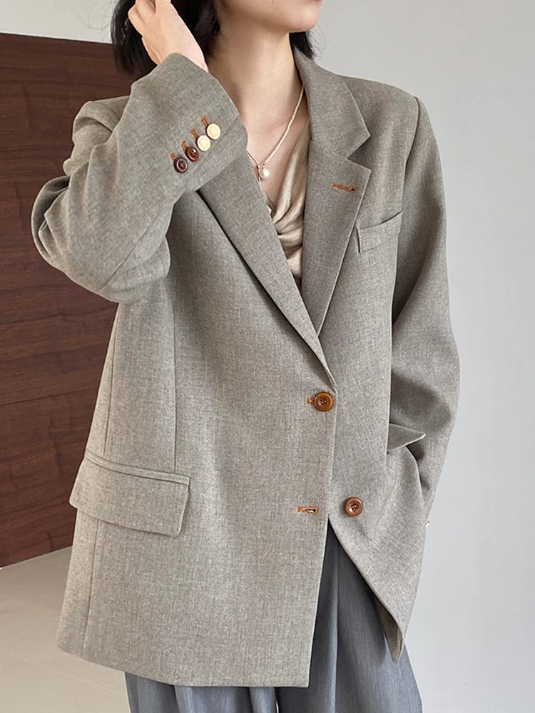 YERMORA 여성용 그레이 버클 브리프 캐주얼 블레이저 옷깃 긴 소매 느슨한 새로운 하이 엔드 자켓 패션 조수 봄 가을 2025