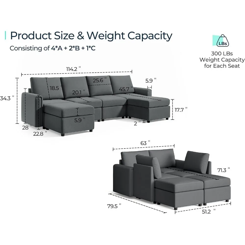 Convertible U Shaped Sofa Couch with Storage, Modular Sectionals with Ottomans, 6 Seat Sofa Couch with Chaise for Living Room