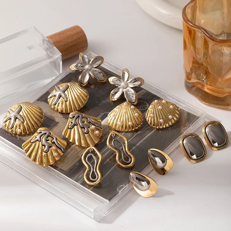 ENSHIR 316L Stainless Steel Golden Silvery Splicing Shell Flower Geometry Earrings For Women Vintage Fashion Niche Jewelry Gifts