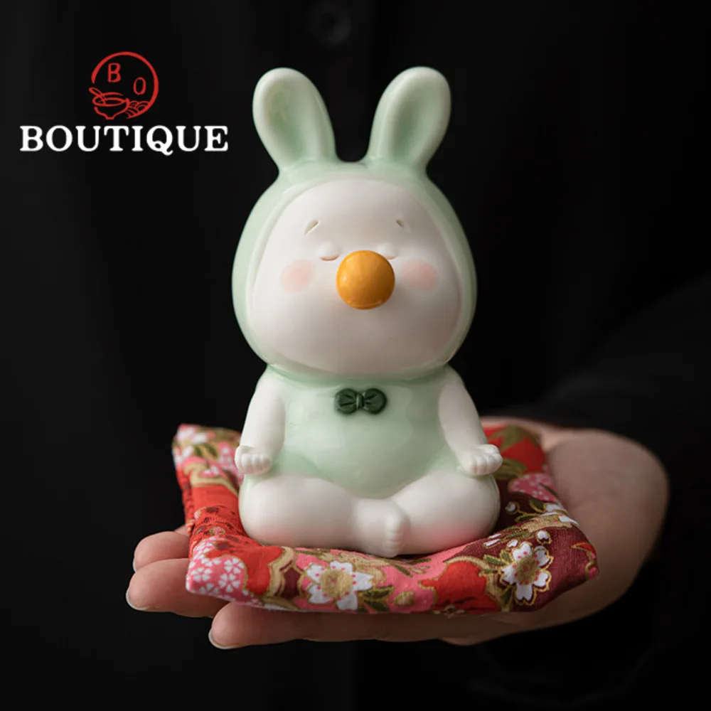 Creative Meditation Rabbit Jade Porcelain Tea Pet Boutique Tea Play Sculpture Figurine Tea Ceremony Statue  Accessories Ornament