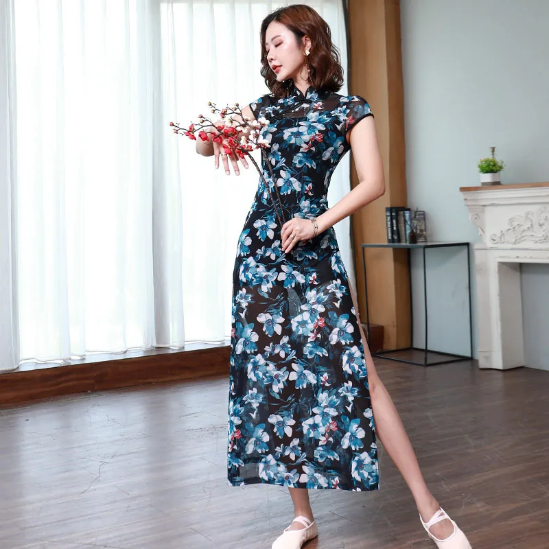 

Short Sleeve Printed Sexy High Split Cheongsam Women Oriental Classical Dance Performance Costume With Suspender Bottoming Skirt