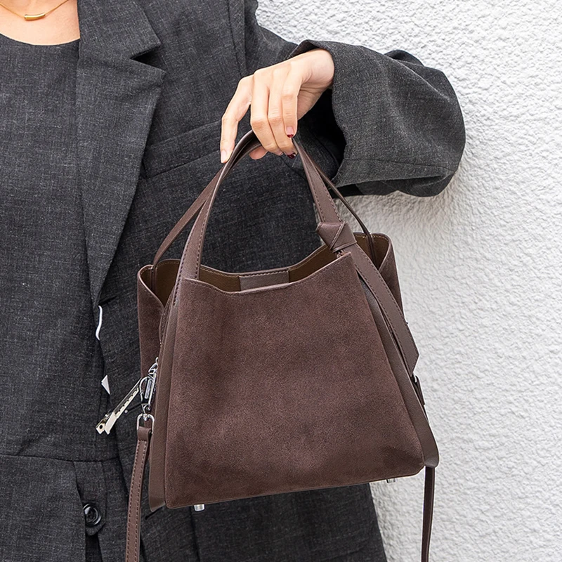 Designer Vintage Suede Leather Bucket Bag Korean Style Unique Shoulder Crossbody Handheld Tote Women Practical Versatile Handbag
