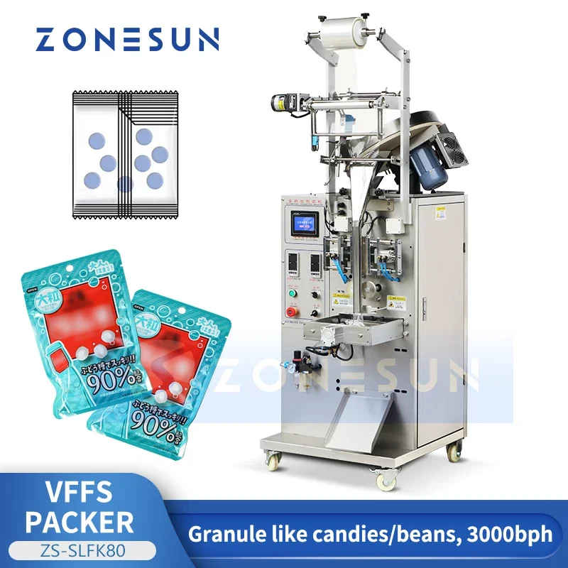 Zonesun Mesin Pengemas Gummy Pengepakan Permen Bentuk Vertikal Mesin Segel Isi Peralatan Pengepakan Granul ZS-SLFK80