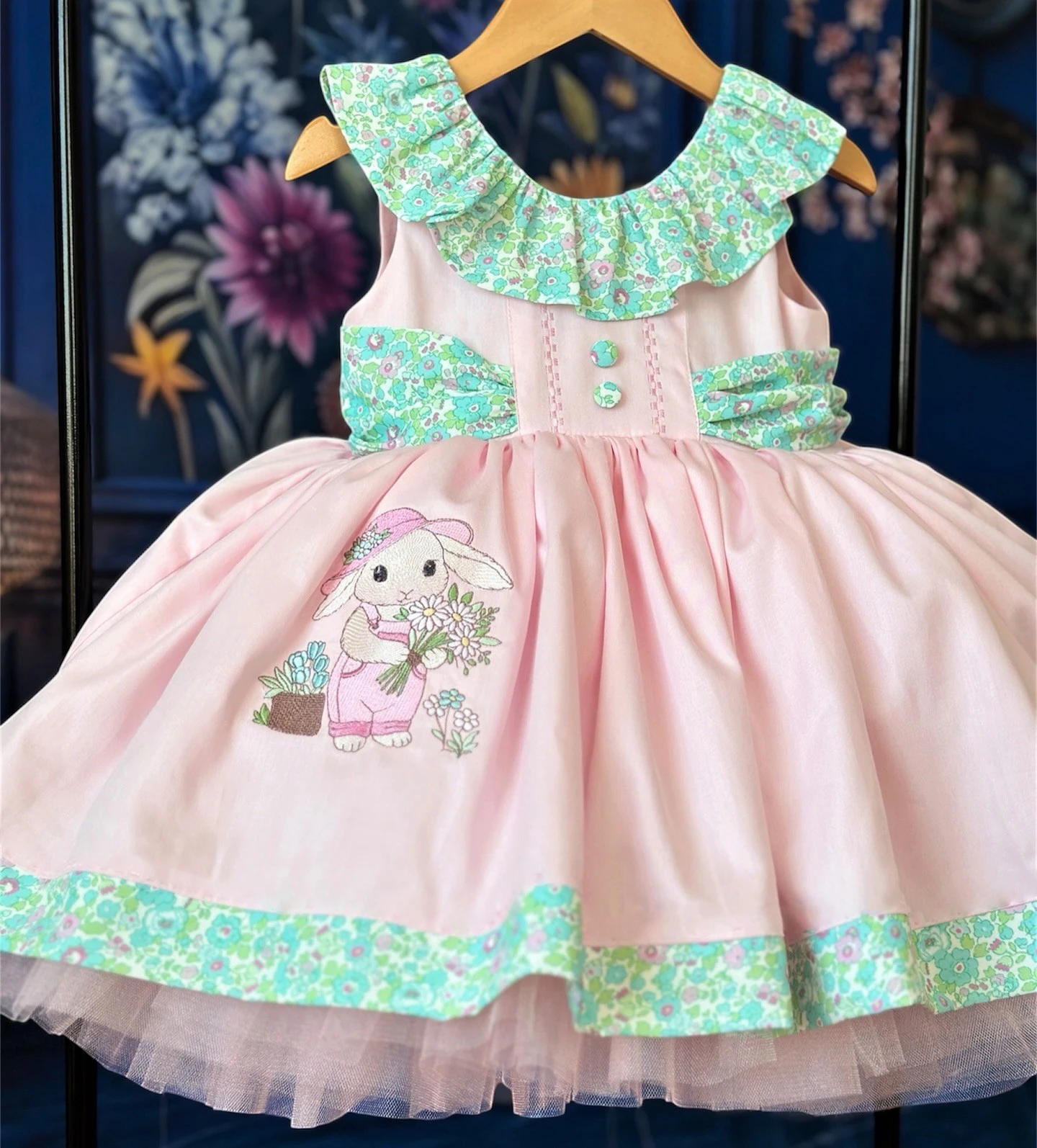 

Summer Girl Sweet Rabbit Embroidered Blue Floral Pink Puffy Dress for Casual Party Birthday Wedding Photography