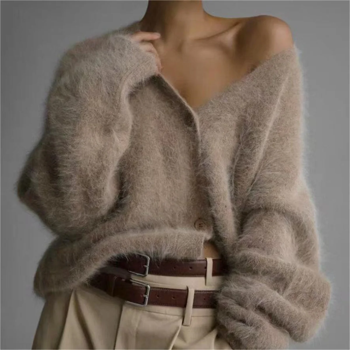 

Autumn Winter Lazy Style Loose Knit Cardigan Sweater Coat For Women Soft Mohair Long-sleeved V-neck Sweater Jacket