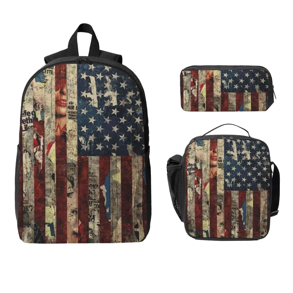 American Flag Stars And Stripes Backpack Student BookBag School Bag Laptop Shoulder Bags 3ps Insulated Lunch Bag Pencil Case