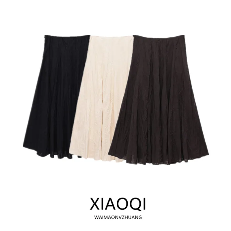 

Elegant Casual Pleated Midi Skirt Spring Summer 2026 Women's Fashion A-Line Skirt Loose Fit mid Waist Other Material