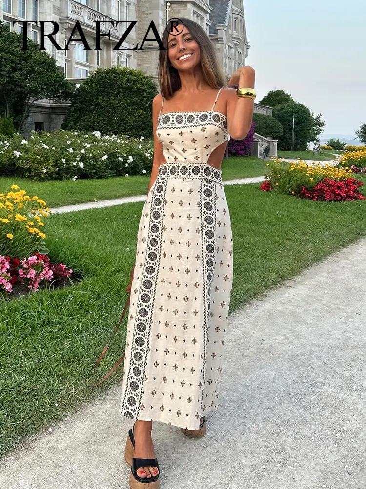 TRAFZA Female Vintage Elegant Long Dress Print Sleeveless Hollow Out Backless Decorate Zipper Summer Dresses Woman 2024 Trendy