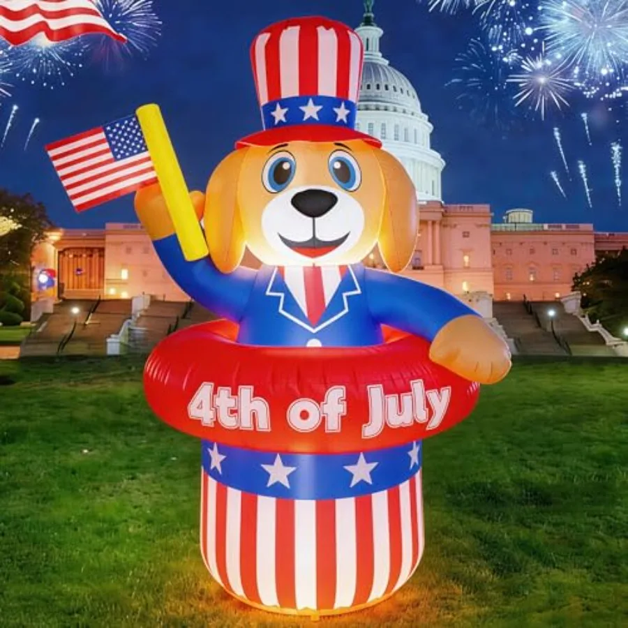 Decoración inflable para exteriores para fiestas del 4 de julio: cachorro patriótico de 5 pies con gorro y bandera a la viento, combinación de colores rojo, blanco y azul, duradero.
