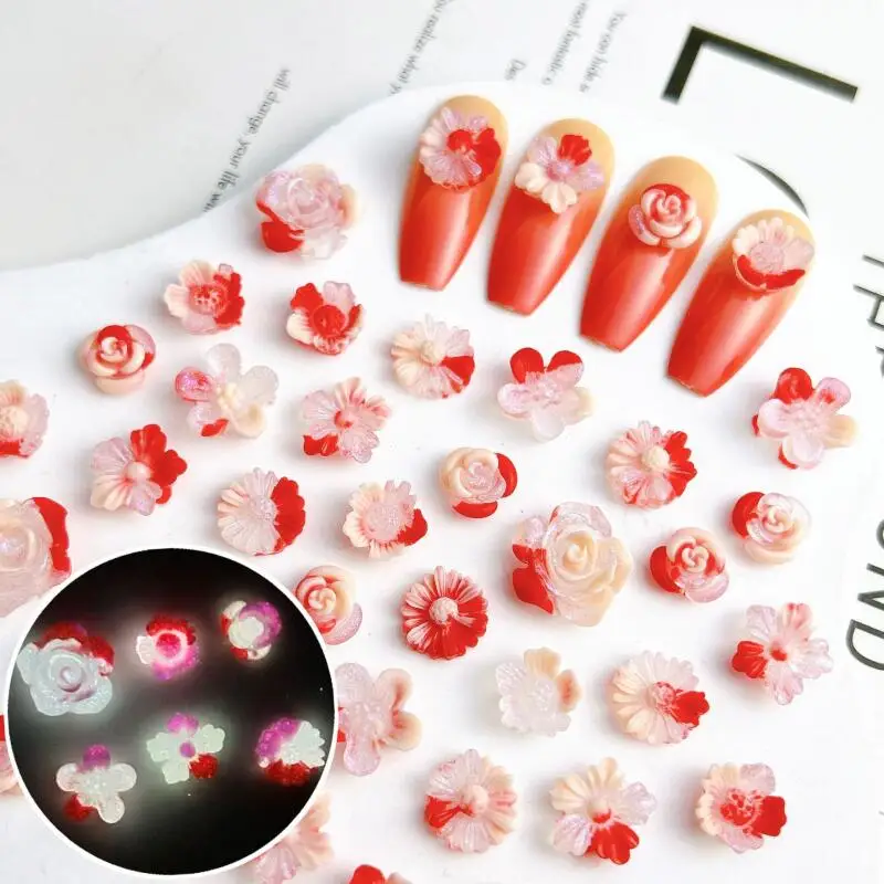 50pcs Random Mixed 3D Flatback Nail Art Charms Luminous Flower Heart Rabbit Butterfly Nail Art Decorations DIY for Acrylic Nail