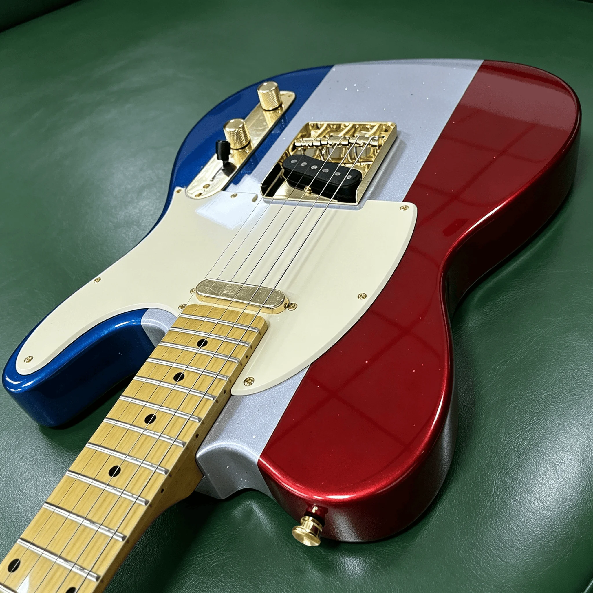 US Warehouse Red White Blue Sparkle Electric Guitar 3 Color Split Metallic Glitter Finish Gold Hardware Cream White Pickguard Single Coil Pickups Vintage Style In Stock Free Shipping view 4