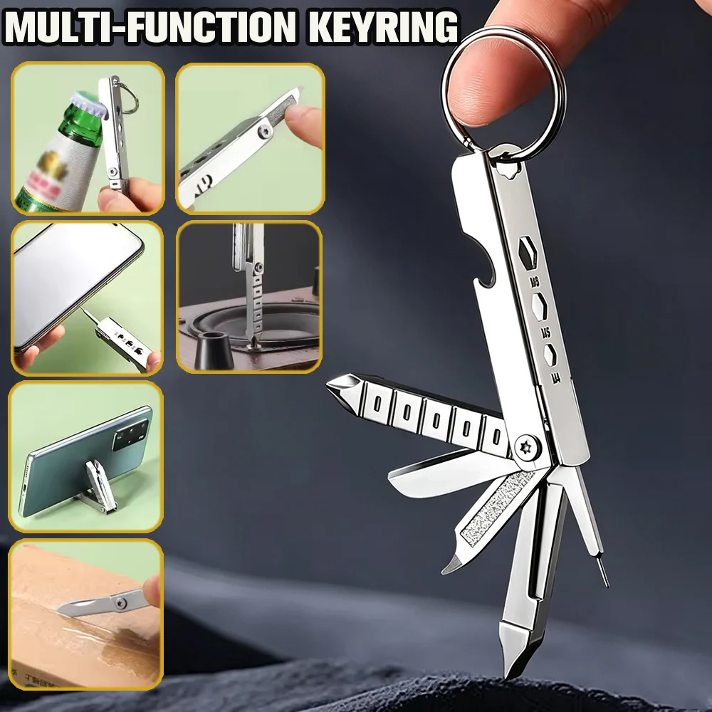 11-in-1 Mini Multifunction EDC Tools Kit Portable Stainless Steel Nail File Screwdrivers Keychain for Outdoor Emergency Camping