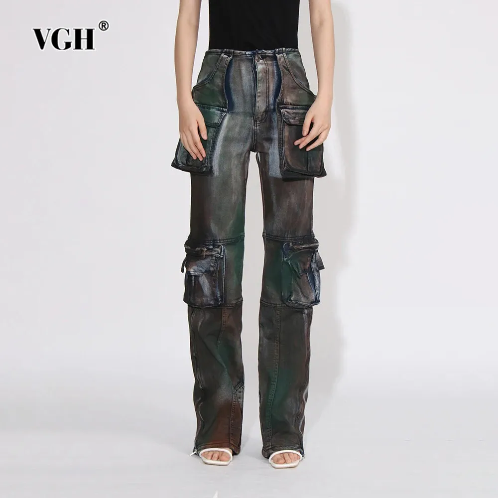 

VGH Hit Color Patchwork Pockets Casual Jeans For Women High Waist Spliced Button Streetwear Cargo Denim Pants Female Fashion New