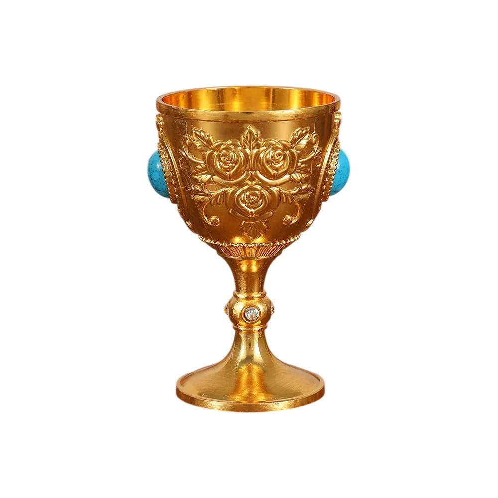 Flower Embossed Rose Chalice Goblet Zinc Alloy European Style Synthetic Turquoise Wine Cup Vintage Medieval