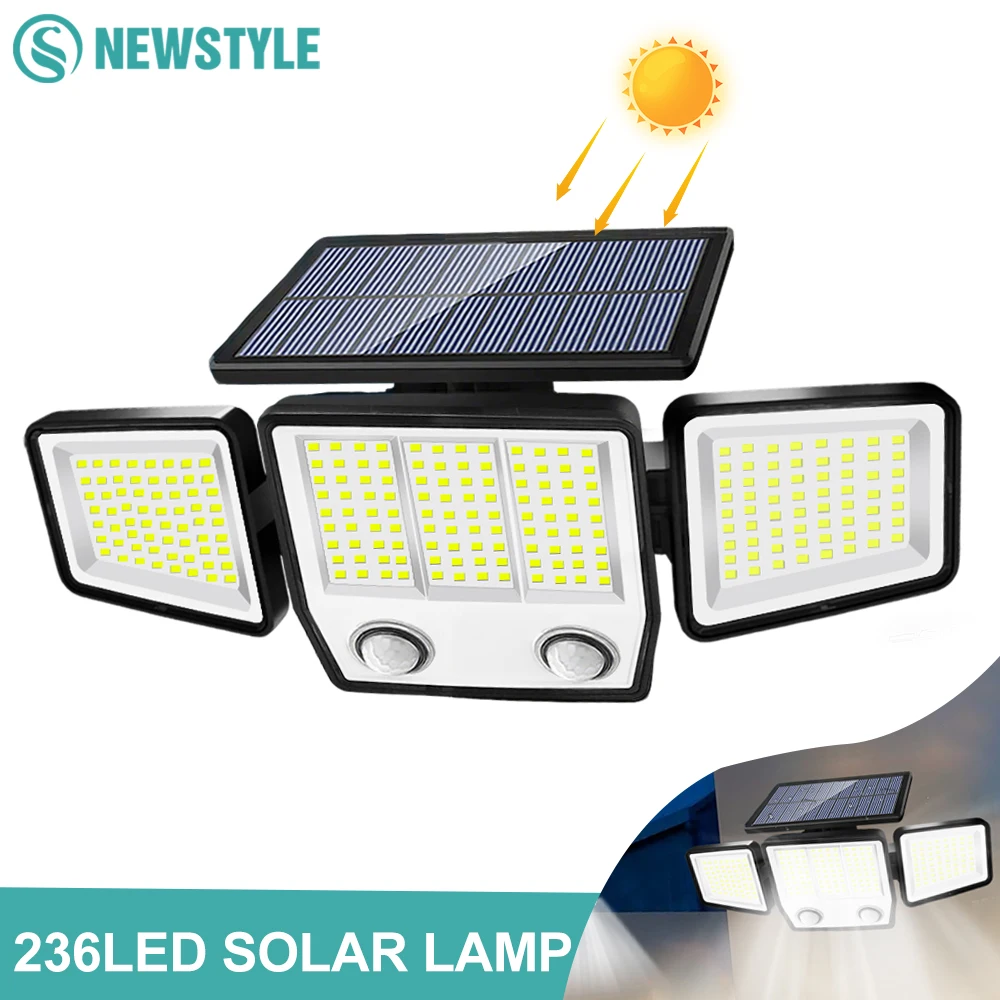 

1/2 шт. солнечный датчик движения, уличные фонари 236/223LED, солнечные настенные светильники безопасности, 3 головки, водонепроницаемый прожектор, сад, двор, патио
