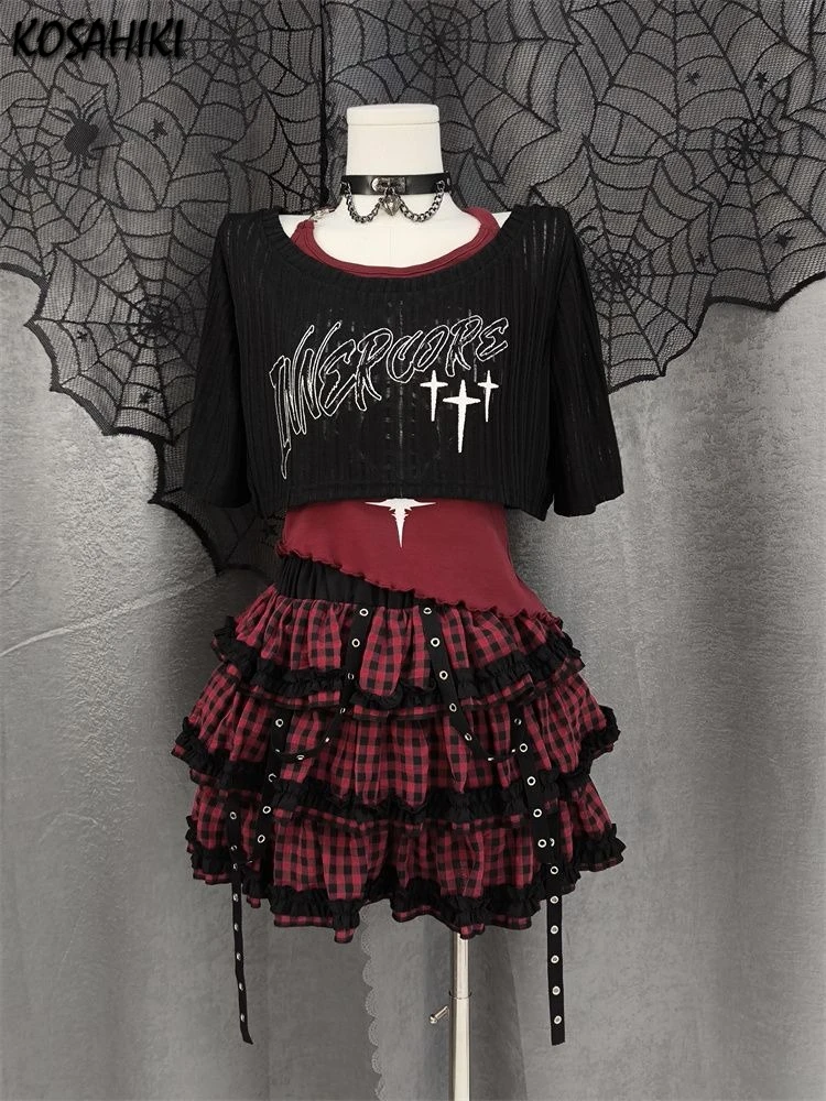 

Vintage 3 Pieces Set Women Letter Printing Crop T-shirt + Irregular Slim Fit Vest + Y2k Aesthetic Cute Plaid Patchwork Skirts