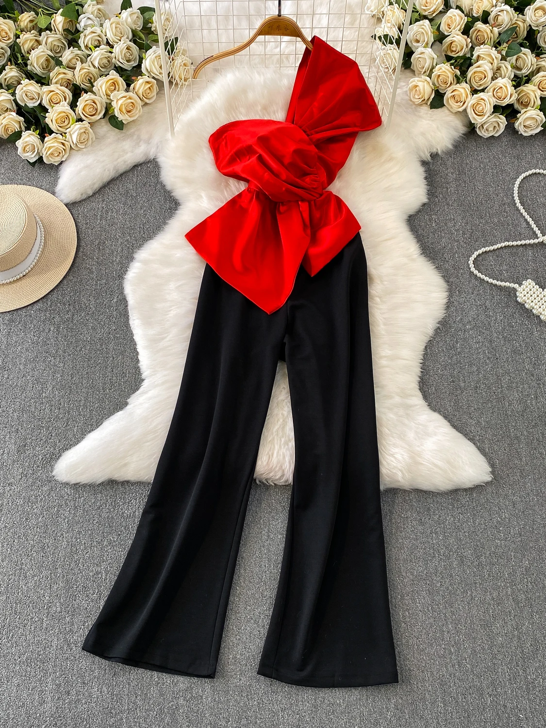 

Ele Slimming Single oulder Gown Pants High Waist Wide Leg Pants Faionable Patchwork Waist Cinching Dr Pants