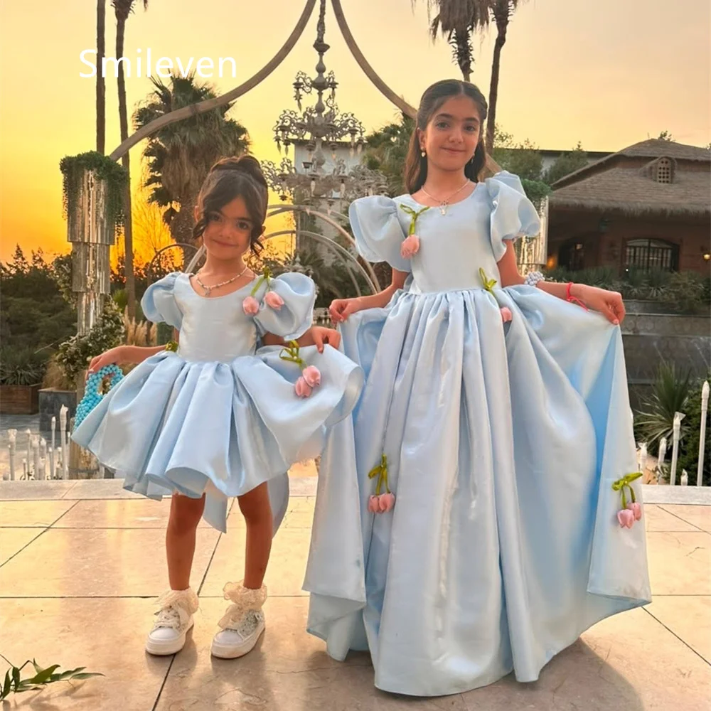 Smileven Blue Ball Gown Girl Flower Dress Square Neck Puff Short Sleeve Birthday Dresses Backless Bow 3D Tulip Gowns Customized