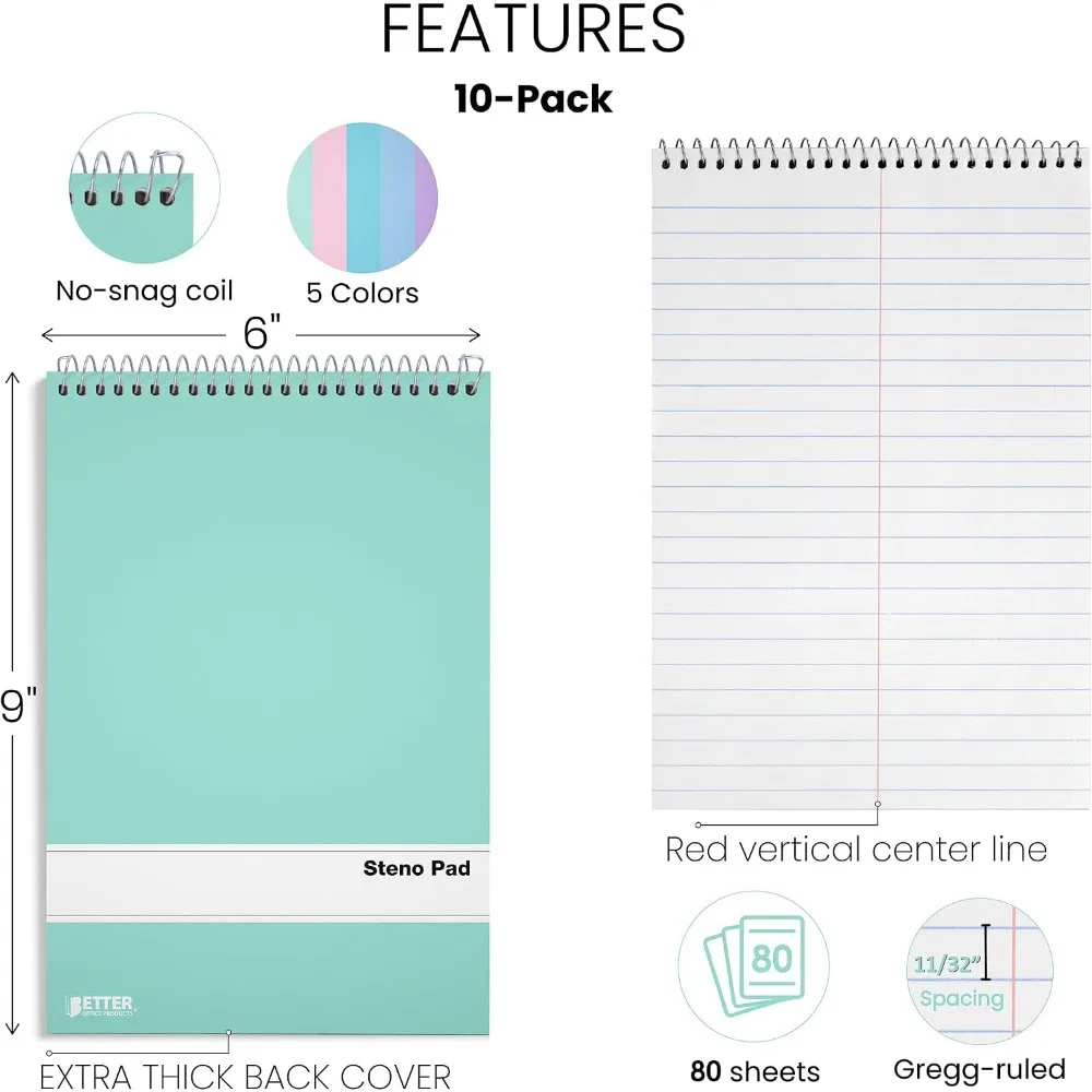 Steno Pads 6x9 Spiral Notebooks, 10 Pack, Gregg Ruled, 80 Sheets, Pastel Covers, Top Spiral for Note Taking