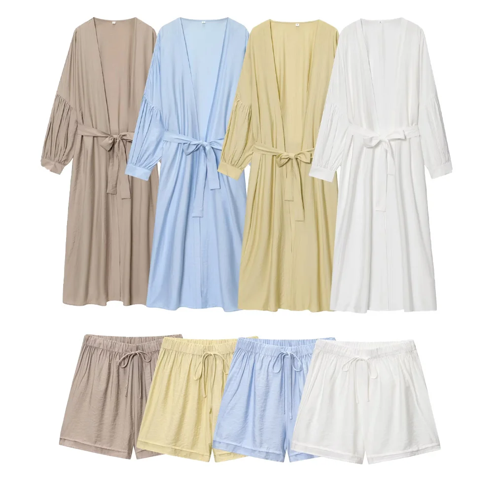 

Women's Fashion V-neck Long Sleeve Solid Color Long Shirt Skirt Summer New High Waist Strap Shorts