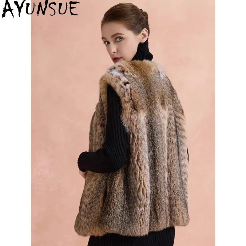 Casacos de Pele Real AYUNSUE para Mulheres, Coletes de Lince para Mulheres, Jaqueta Curta de Pele Nova em Moda Externa, Casaco de Pele Estiloso para Mulheres