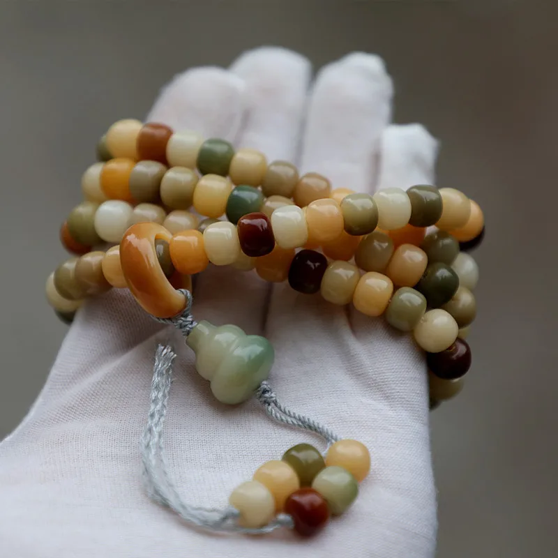 9*Bucket-Shaped, Weathered Green, Multi-Layered Root With 108 Beads, Colorful Bodhi Bracelet