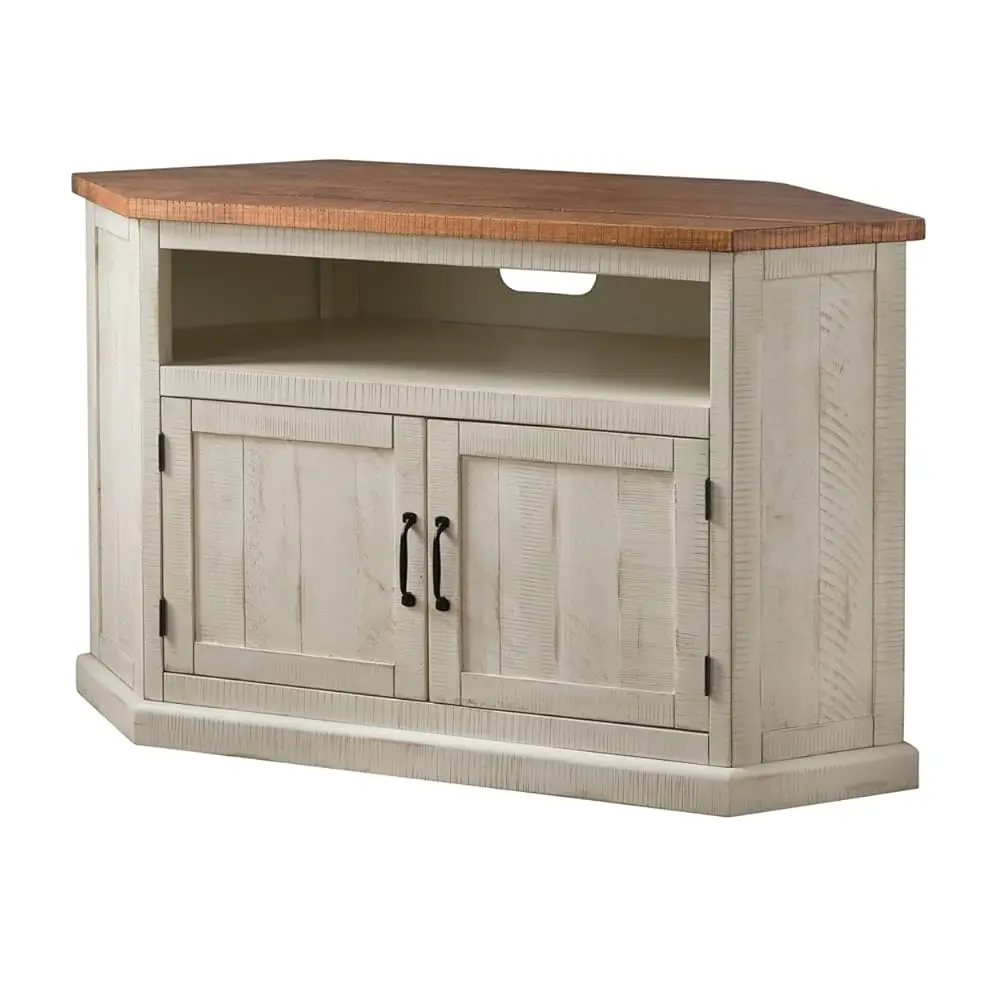 

Svensson Rustic Solid Wood Tv Stand - Antique White And Ey Tobacco Finish - Hexagonal Shape And Farmhouse Design Entertainment