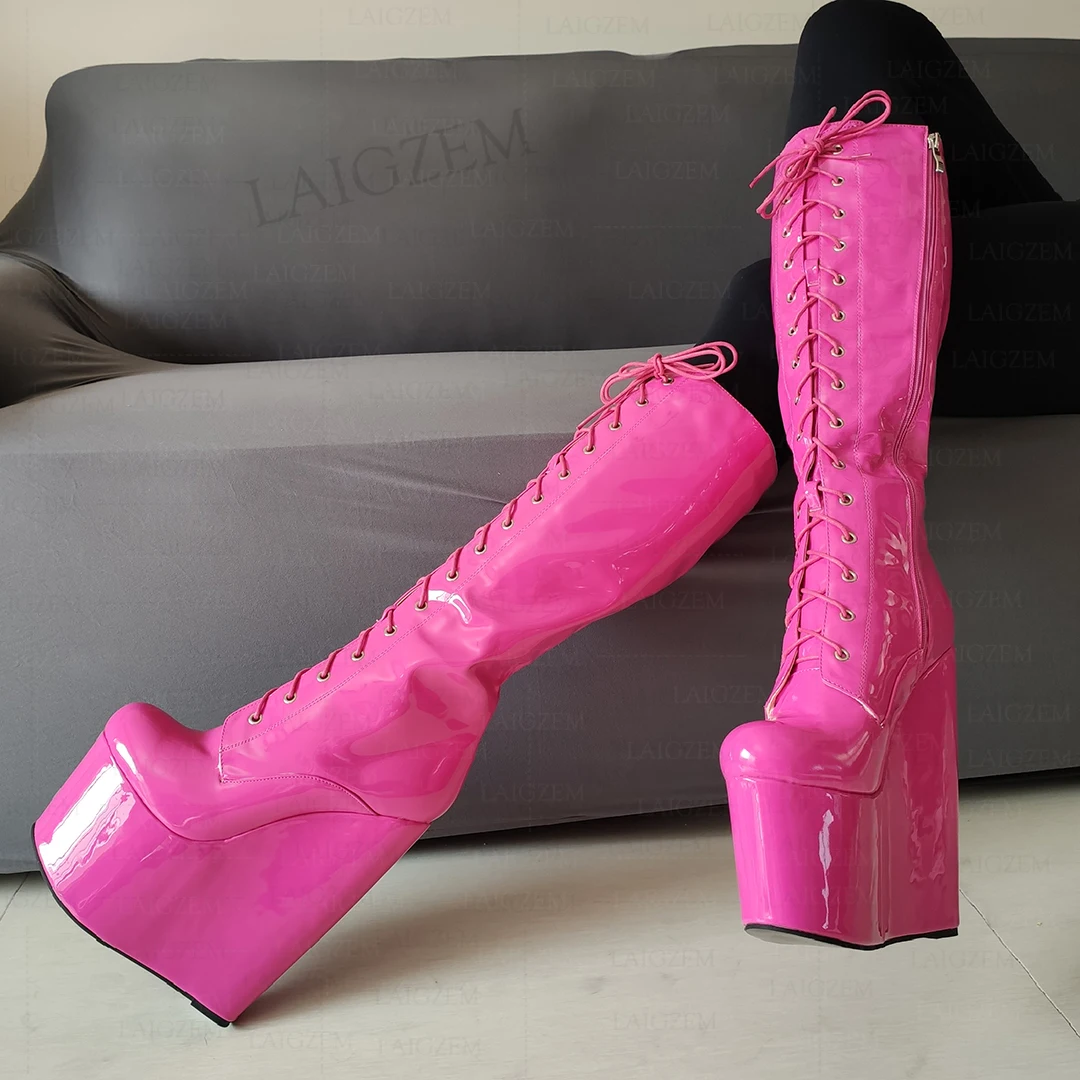 LAIGZEM Women Knee High Boots 20cm High Heels Platform Wedges Side Zip Up  Tall Boots Handmade Shoes Woman Big Size 37 41 43 47