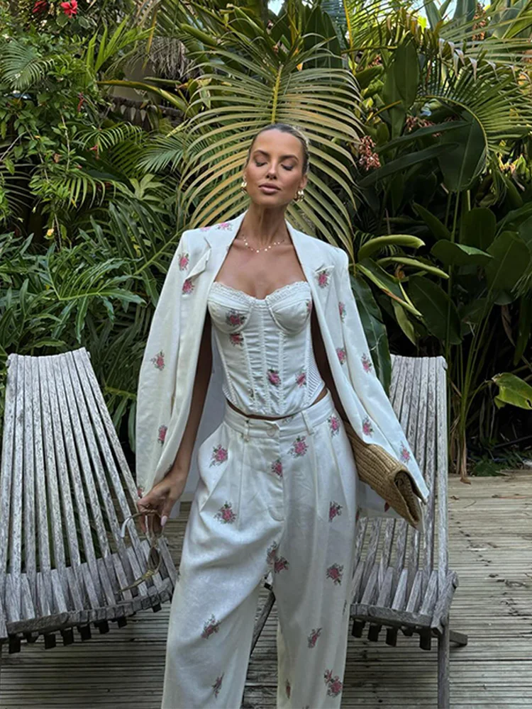 2026 Autumn Chic Floral Print Pants Set Women Slim Sling Tube Top Camisole Wide Leg Long Trouser Lapel Full Sleeve Jacket New