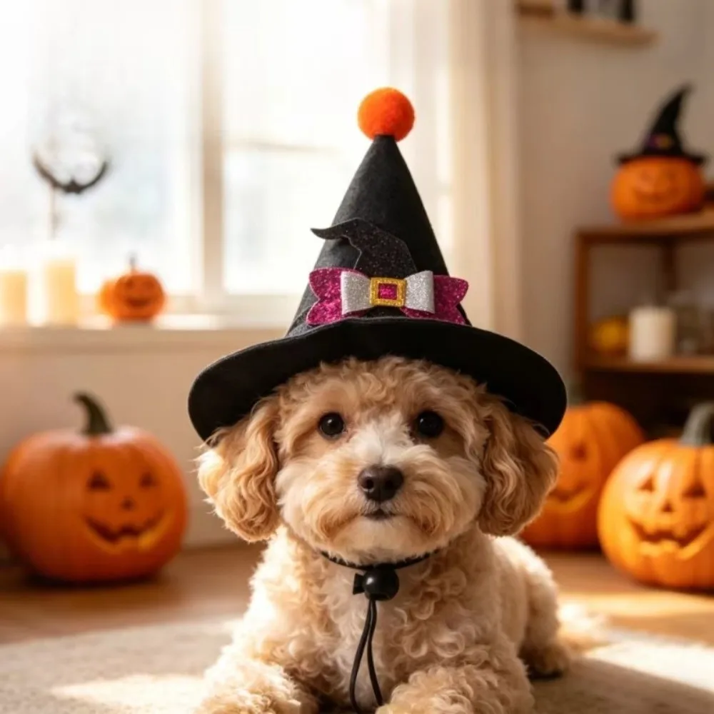 Adjustable Strap Pet Halloween Witch Hat Pointed Brim Curved Top Cat Witch Costume Cap Lightweight Fit Sequin Bowknot